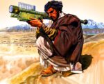 Afghan mujahideen with a US-supplied stinger missile targeting Soviet aircraft during the Soviet-Afghan War