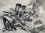 Behind the broken PAK cannon lie fallen Soviet soldiers. The SS-men advance to new fights
