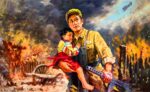 Chinese People's Volunteer Army trooper with a Korean child refugee during the Korean War