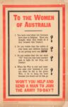1915 To The Women Of Australia. Won't You Help And Send A Man To Join The Army To-Day