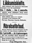 1918 Liikkumiskielto. Täten kiellämme mitä ankarimmin liikkumasta kaupungin tai sen lähi ympäristössä klo 7 illalla - klo 6 aamulla. Porvoon Punaisen Kaartin Esikunta